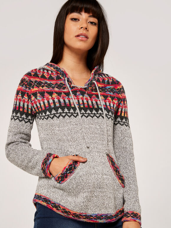 Aztec Knit Hooded Jumper, Grey, large