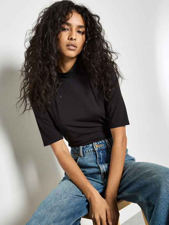 Jersey Mock Neck Top, Black, large