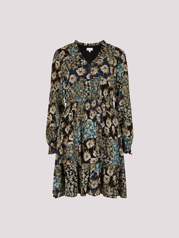 Patchwork Floral Shimmer Mini Dress, Teal, large