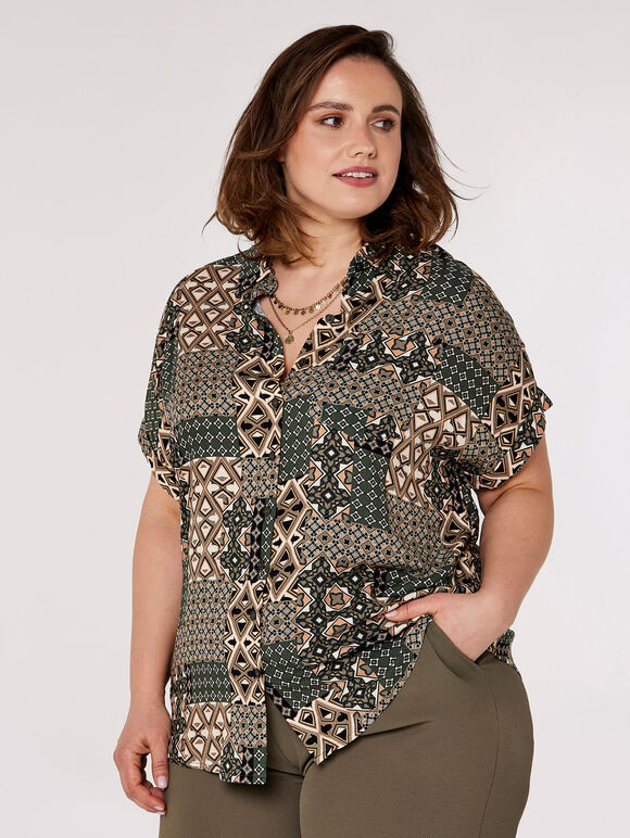 Curve Retro Patchwork Blouse, Khaki, large