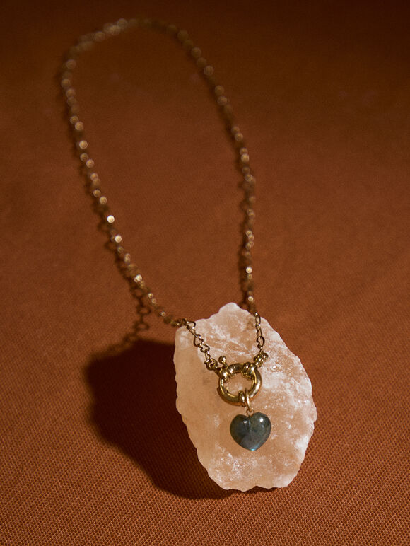 Gold Tone Heart Stone Pendant Necklace, Gold, large