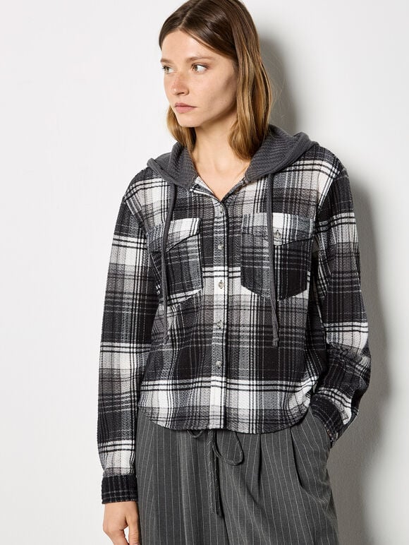 Textured Hooded Check Shirt, Grey, large