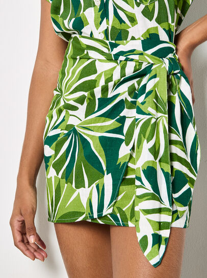 Tropical Leaf Print Wrap Mini Skirt