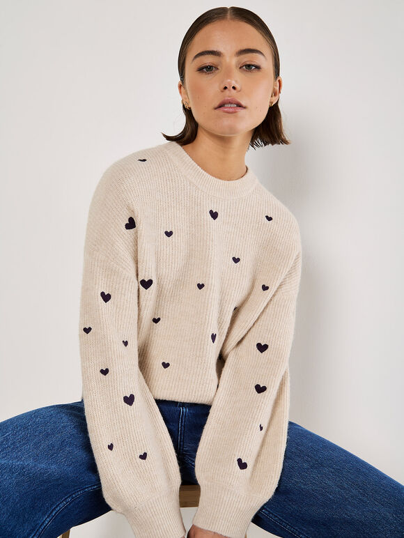 Embroidered Heart Jumper, Stone, large