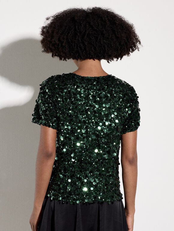 Multi Sequin Boxy Top, Green, large