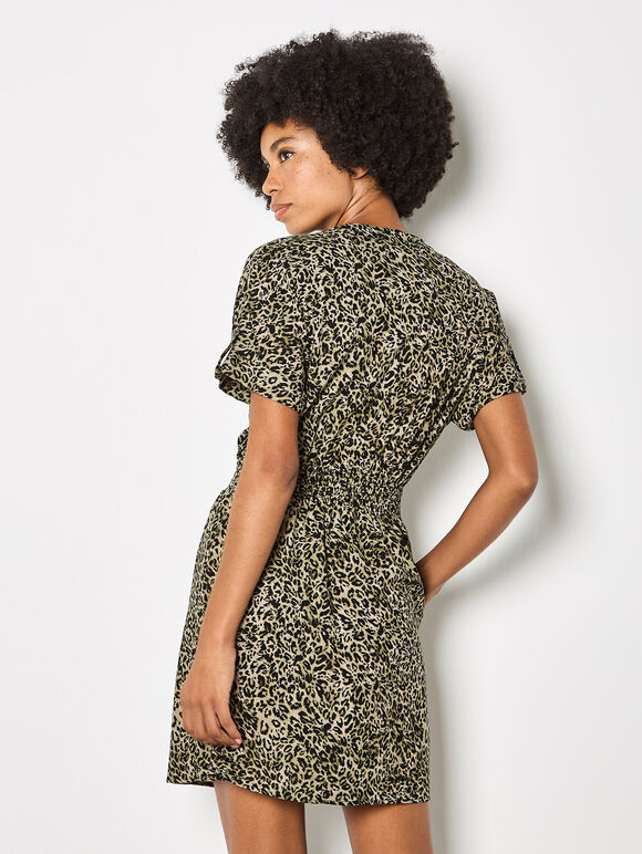 Leopard Print Zip-Down Mini Dress, Khaki, large