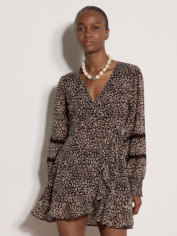 Leopard Print Chiffon Wrap Mini Dress, Brown, large