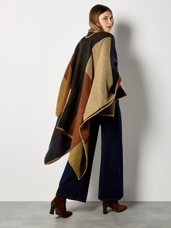 Colour Block Blanket Cape, Brown, large