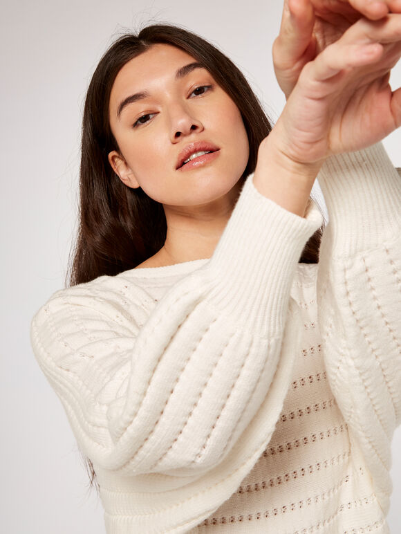 Pointelle Stripe Batwing Jumper, Cream, large