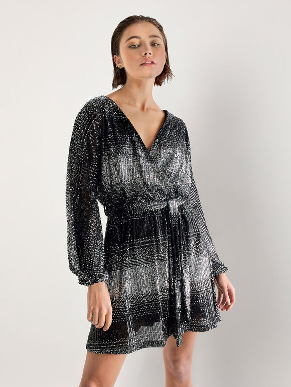 Ombre Sequin Wrap Mini Dress, Black, large