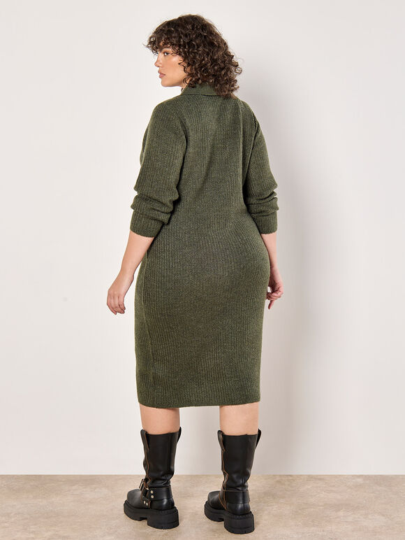 Curve Open Collar Knitted Midi Dress, Khaki, large