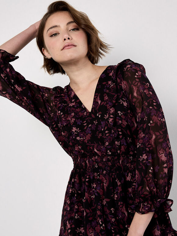 Ditsy Floral Chiffon Ruffle Dress, Burgundy, large