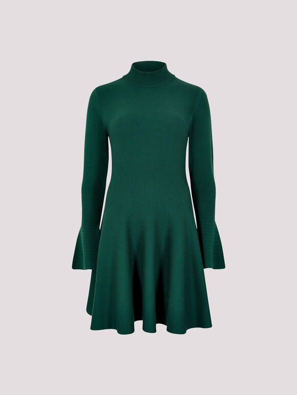 Bell Sleeve Knitted Skater Mini Dress, Green, large