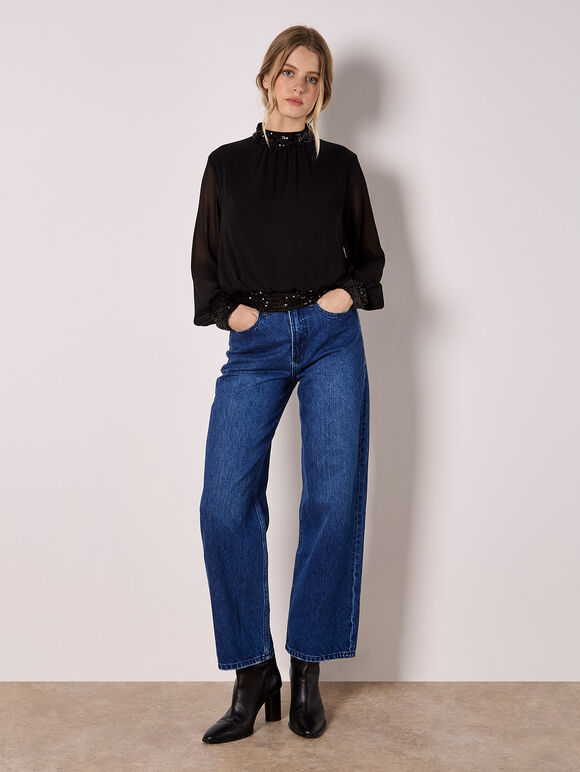 Sequin Trim Chiffon Top, Black, large