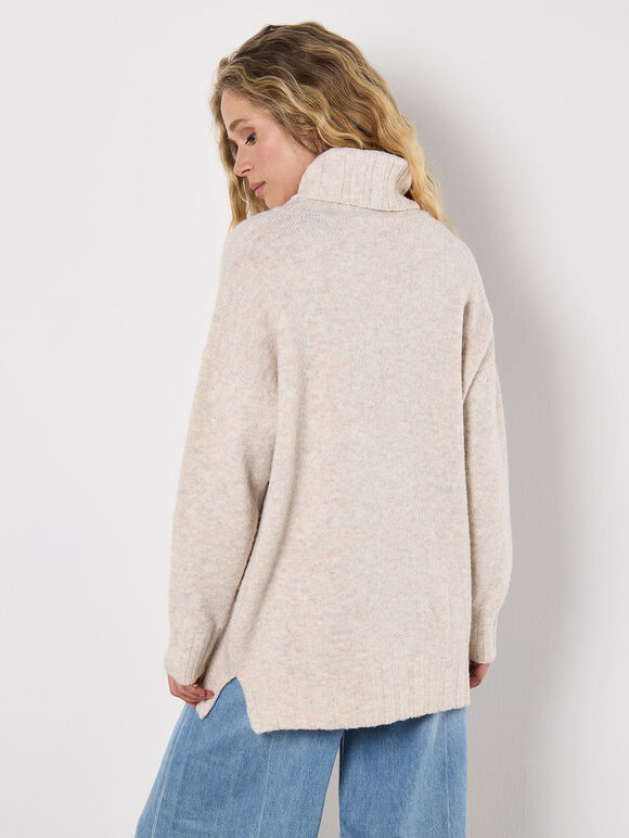 Oversized Roll Neck Tunic Jumper, Cream, large