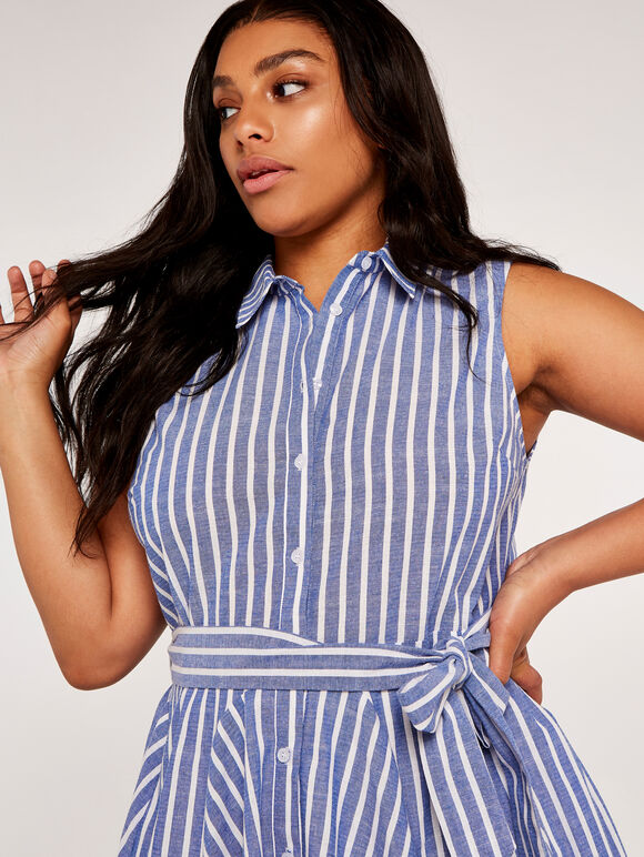 Curve Pinstripe Button Tie Waist Dress, Blue, large
