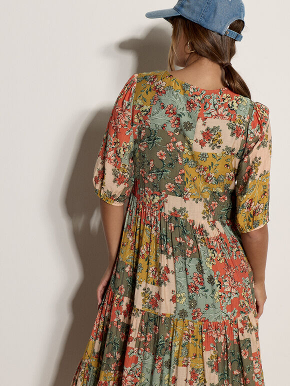 Bloom Patchwork Tiered Dress, Khaki, large