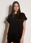 Crepe Sequin Trim T-Shirt, Black, large