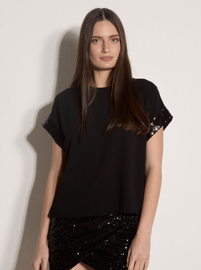 Crepe Sequin Trim T-Shirt