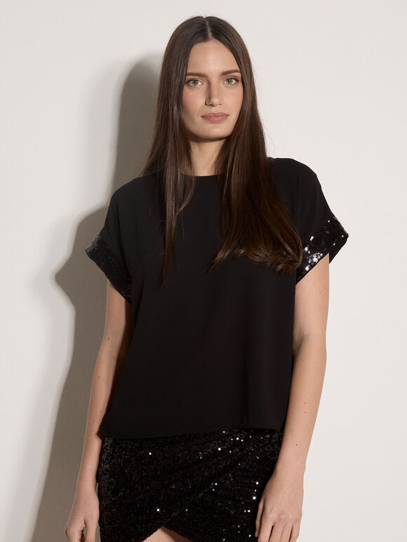 Crepe Sequin Trim T-Shirt, Black, large