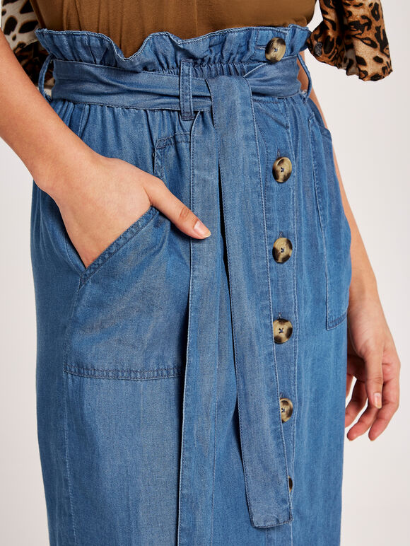 Denim Paperbag Button Through Midi Skirt, Blue, large