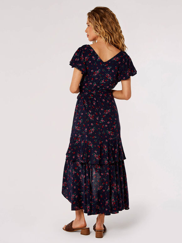 Robe mi-longue à plusieurs niveaux avec imprimé fleurs sauvages, bleu marine, grand