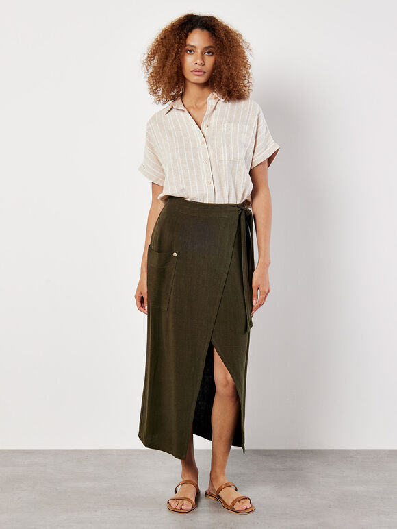 Linen Blend Wrap Midi Skirt, Green, large
