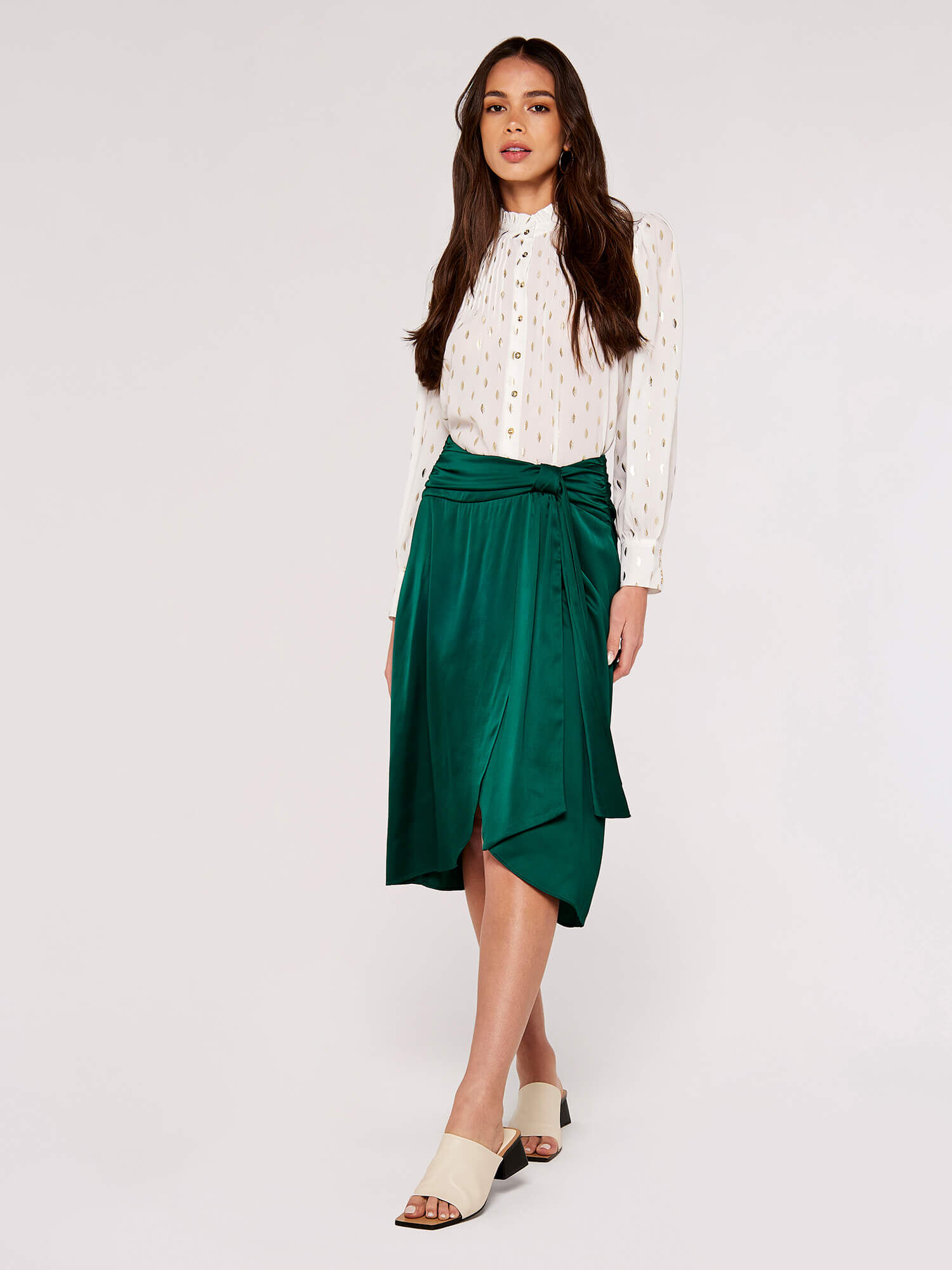 Green satin wrap skirt outlet