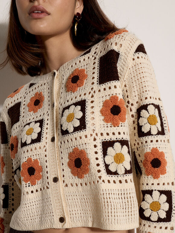 Patchwork Daisy Crochet Cardigan, Stone, large
