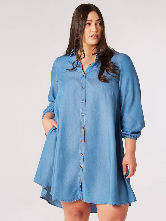 Curve Denim Shirt Mini Robe, Bleu, grand