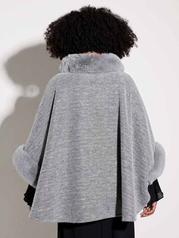 Faux Fur Trim Tweed Cape, Grey, large