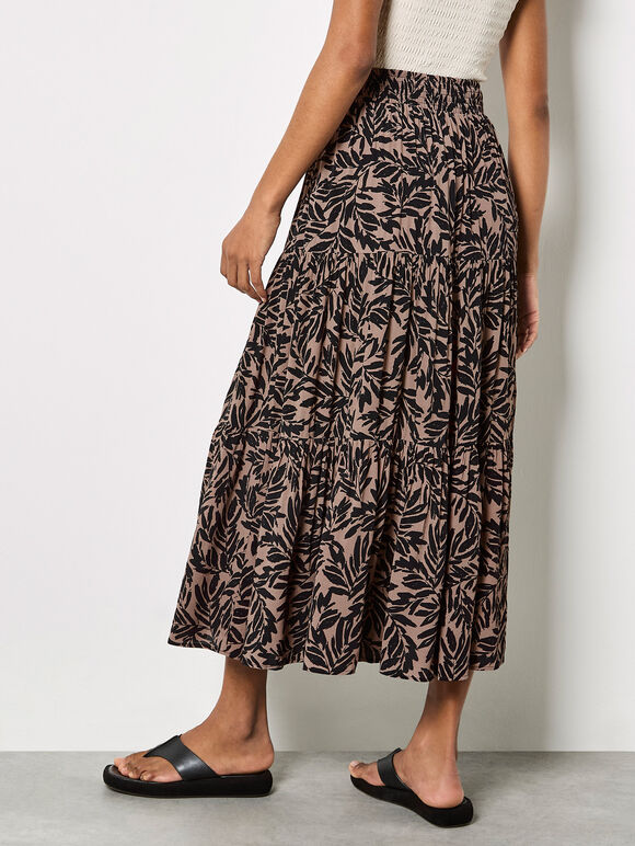 Leaf Print Tiered Midi Skirt, Brown, large
