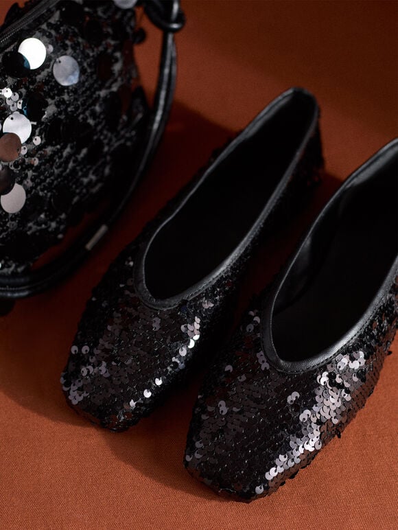 Sequin Embellished Ballerina Shoes, Black, large