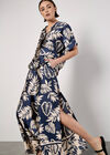 Tropical Leaf Print Satin Wide Leg Trousers, Navy, large