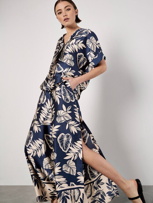 Tropical Leaf Print Satin Wide Leg Trousers, Navy, large