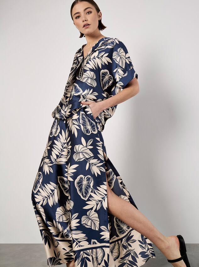 Tropical Leaf Print Satin Wide Leg Trousers, Navy, large