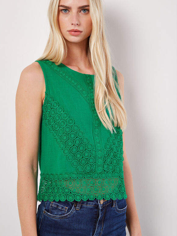 Cotton Lace Bow Top, Green, large