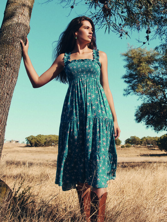 Orchid Print Smocked Midi Dress, Blue, large