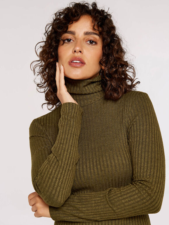 High Neck Midi Dress, Khaki, large