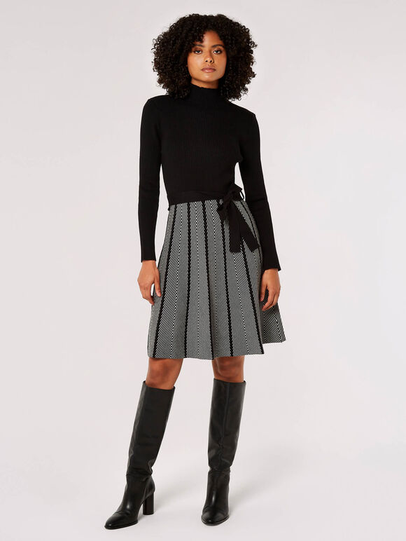 Chevron Knit Mini Dress, Black, large