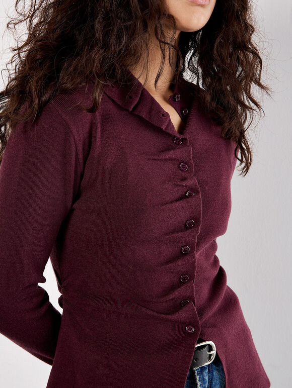 Button-Down Pleat Knit Top, Burgundy, large