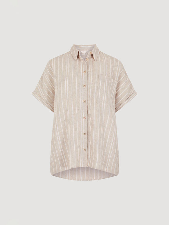 Linen Blend Stripe Shimmer Shirt, Stone, large
