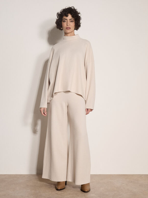 Waffle Jersey Knit Wide-Leg Joggers, Stone, large