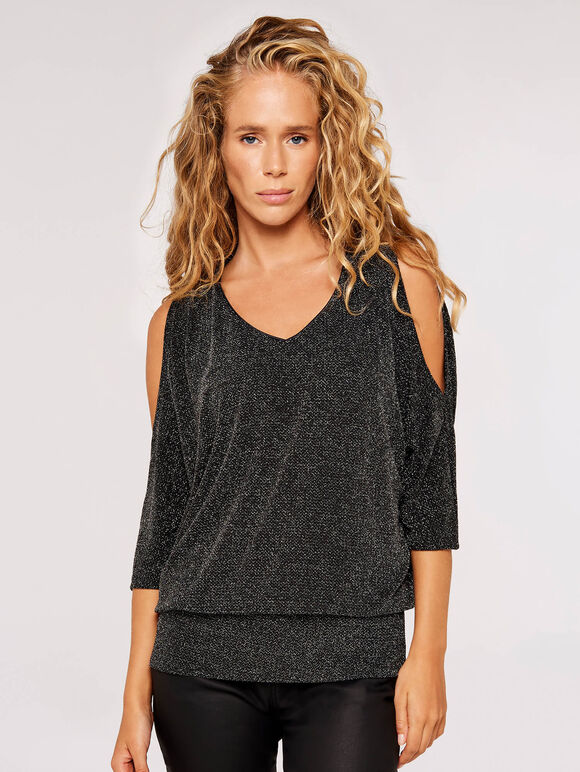 Metallic Sparkle Cold Shoulder Top, Light Grey / Silver, large