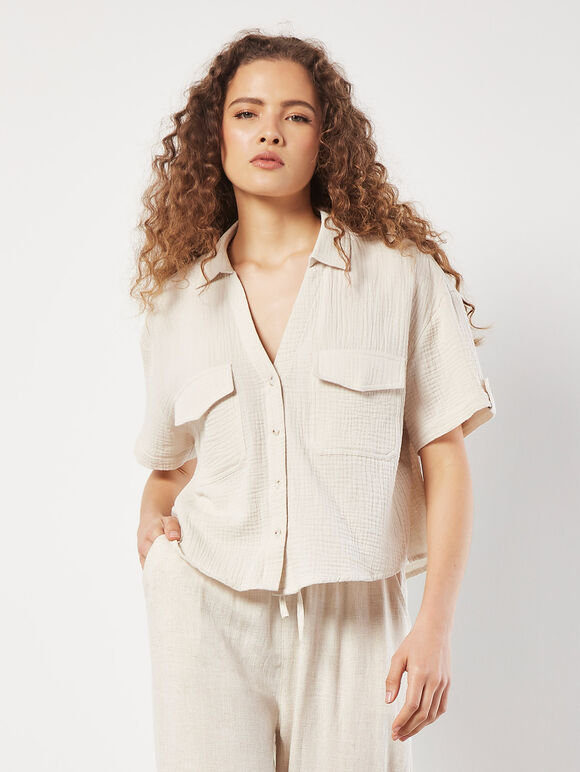 Textured Cotton Boxy Shirt, Stone, large