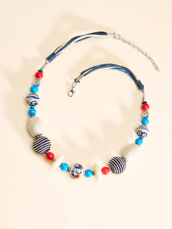 Blue And White Fabric Bead Necklace, Assorted, large