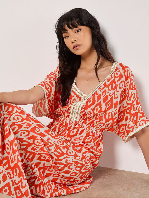 Ikat Swirl Shimmer Maxi Dress, Orange, large