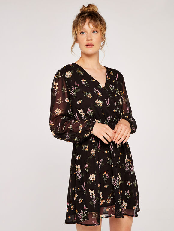 Floral Botanical Wrap Dress, Black, large