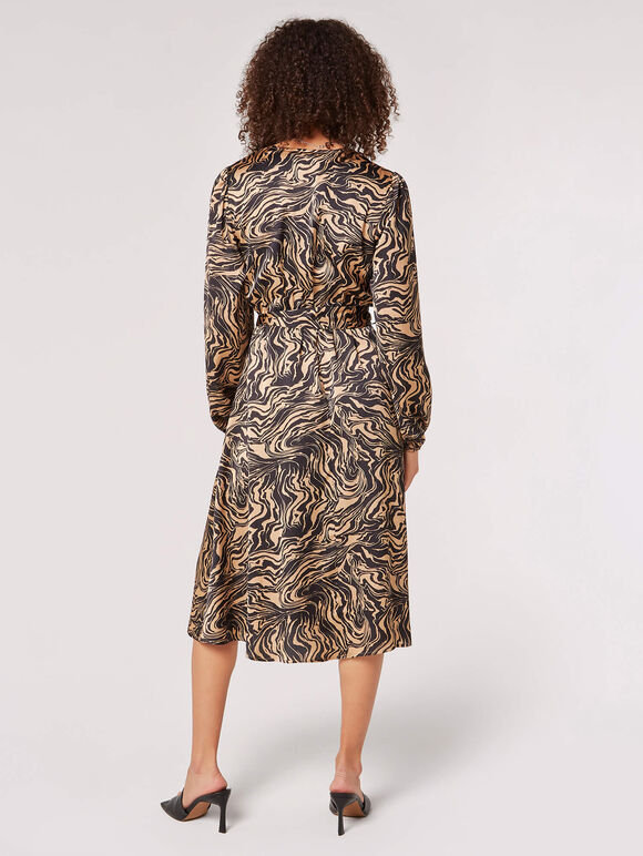 Swirl Satin Wrap Midi Dress, Black, large
