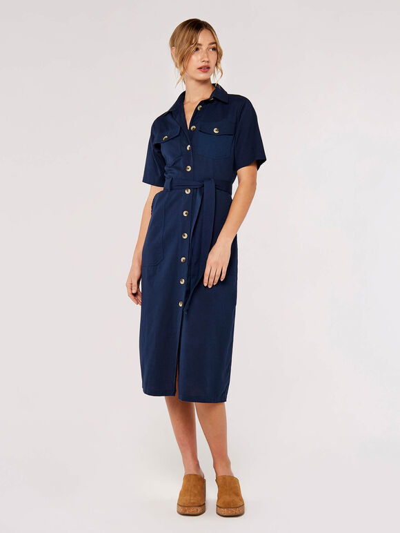 Cotton Linen Blend Midi Shirt Dress, Navy, large